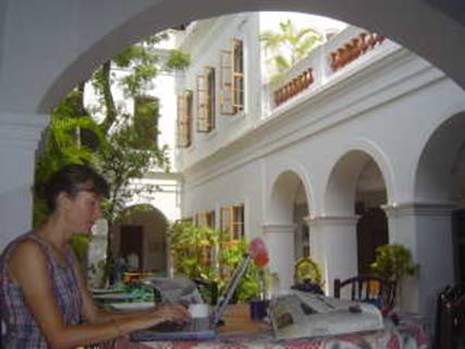 Doing some work in the hotel courtyard